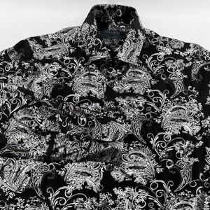 Modern English Disco Club Shirt Men M Slim Fit Silver Print on Black Long Sleeve